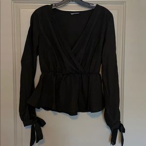 Black Split Sleeve Tie Blouse